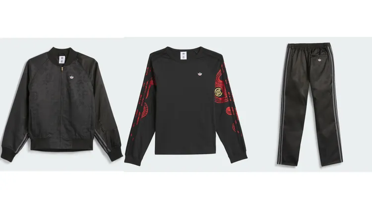 adidas Originals CLOT LNY蛇形緹花夾克（左起）7200、蛇形緹花拼接上衣2890元、蛇形緹花長褲4690元。品牌提供