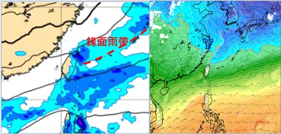 左圖：最新(11日20時)歐洲模式(ECMWF)，週三(15日)14時地面氣壓及降水圖顯示，鋒面雨帶挾強冷空氣南下，迎風面有雨。

右圖：最新(11日20時)歐洲模式(ECMWF)，週四(16日)20時850百帕氣溫及風場圖顯示，零度(紅)線在北部近海，調整得更接近陸地。(擷自tropical tidbits)氣象應用推廣基金會