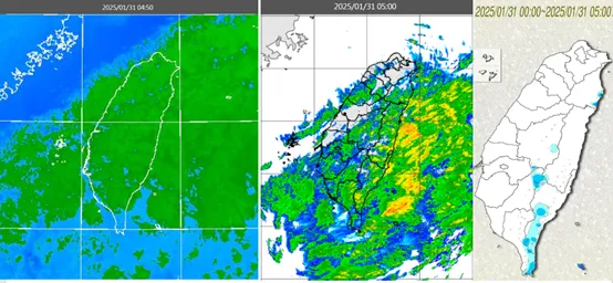 圖：今(31日)晨4：50紅外線色調強化雲圖顯示，中層雲逐漸北移(左圖)。5時雷達回波合成圖顯示，伴隨鬆散降水回波(中圖)。5時今日累積雨量圖顯示，山區及東半部零星降雨(右圖)。
氣象應用推廣基金會