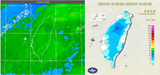 今(15日)晨5時紅外線色調強化雲圖顯示，南方雲系移入，遮蔽台灣上空(左圖)。5時累積雨量圖顯示，山區有局部雨，平地也有局部少量降雨(右圖)。氣象應用推廣基金會