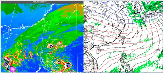 左圖：今(2)日5：10紅外線色調強化雲圖顯示，中層雲遮蔽台灣上空。

右圖：最新(1日20時)歐洲模式(ECMWF)，下週二(7日)20時地面氣壓及降水模擬圖顯示，大陸高壓籠罩，降水區離台灣都很遠。氣象應用推廣基金會