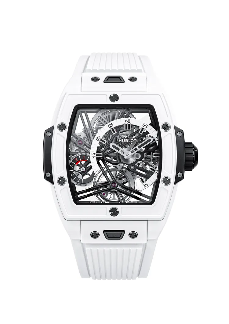 HUBLOT Spirit of Big Bang極地白陶瓷陀飛輪五日鍊腕錶，42mm，微噴砂及拋光白色陶瓷錶殼，透明藍寶石水晶錶盤，白色立體結構橡膠錶帶，HUB6020手動上鍊陀飛輪機芯，動力儲存115小時，防水深度30米，全球限量8只，339萬5000元。品牌提供