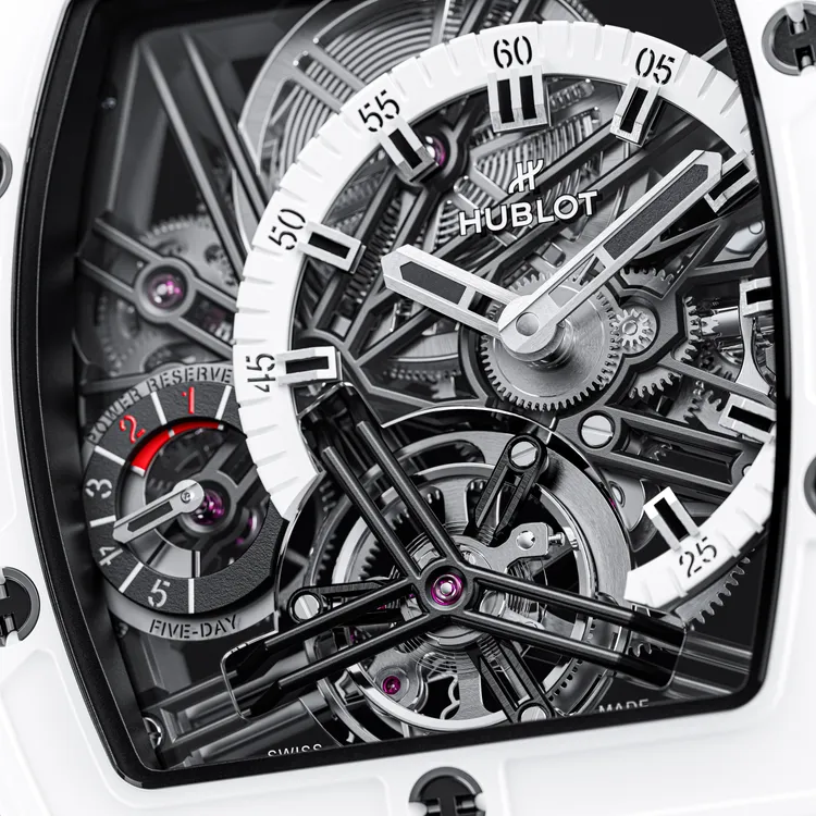 HUBLOT Spirit of Big Bang 極地白陶瓷陀飛輪五日鍊腕錶面盤。品牌提供
