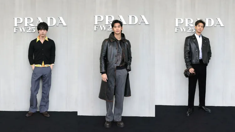 坂口健太郎（左起）、金秀賢、李現現身PRADA 2025秋冬男裝秀。品牌提供