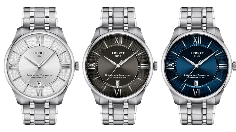 天梭表杜魯爾系列42mm自動上鍊機械腕錶銀白色（左起）、煤炭灰、午夜藍，各2萬7300元。品牌提供
