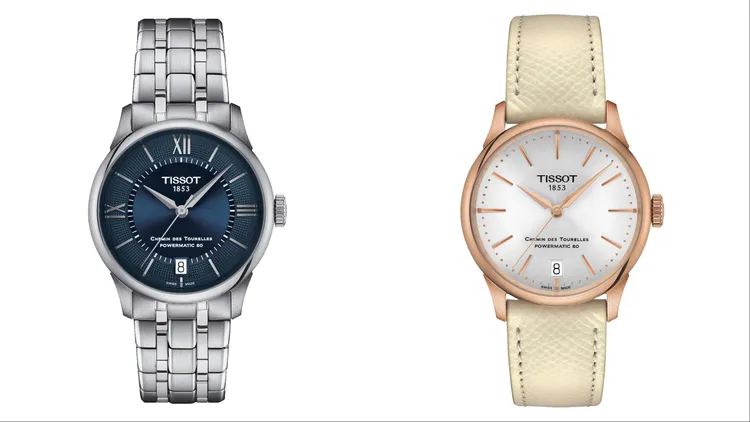 天梭表杜魯爾系列34mm自動上鍊機械腕錶午夜藍（左）、香檳金（右），各2萬7300元。品牌提供
