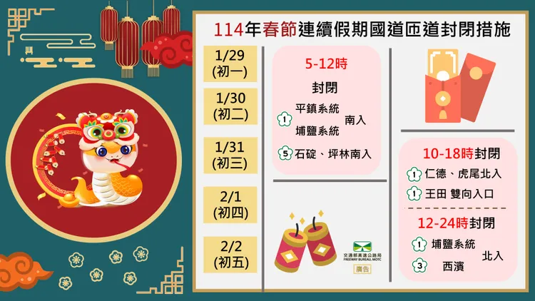 初一至初五期間國道都有不同的匝道封閉管制措施。高公局提供