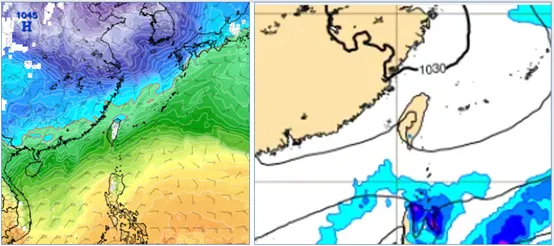 左圖：最新(20日20時)歐洲模式(ECMWF)，28日2時850百帕溫度及風場模擬圖顯示，零度(紅)線在北部陸地。右圖：最新(20日20時)歐洲模式(ECMWF)，29日20時地面氣壓及降水圖模擬圖顯示，高壓籠罩、各地晴朗。氣象應用推廣基金會