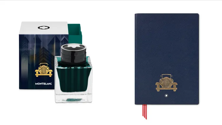MONTBLANC 著名人物系列《大亨小傳 Great Gatsby》墨水瓶（左）50ml／1400元、#146筆記本（右）2800元。品牌提供