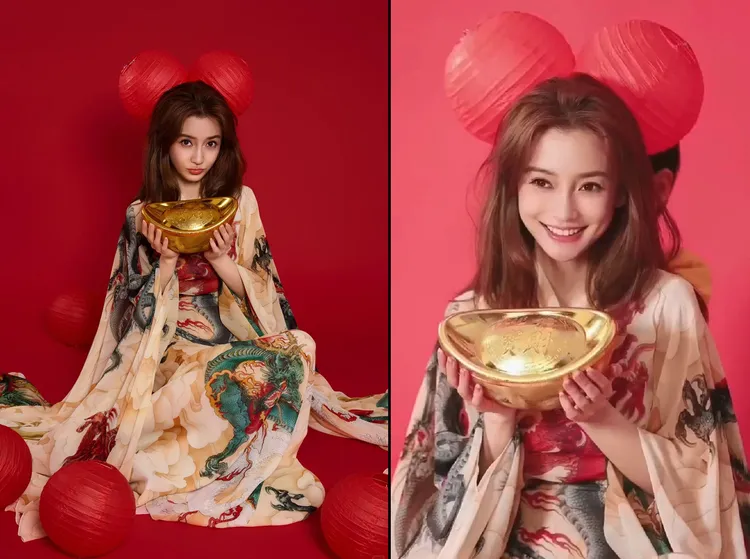 Angelababy拍賀年照，兒子當小幫手。翻攝Angelababy小紅書