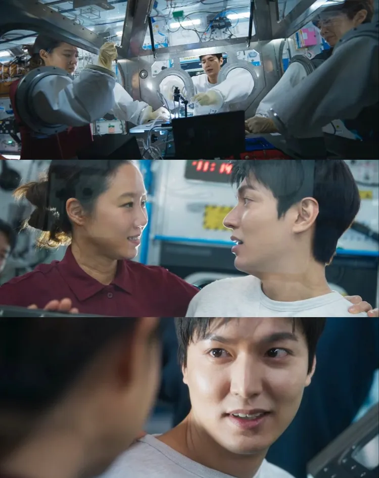 李敏鎬在太空艙幫實驗白鼠開胸按摩心臟，成功救活小白鼠，孔孝真抱著他道謝，讓他心動。翻攝Netflix