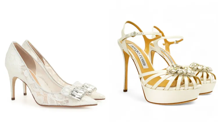 Sergio Rossi sr1 Bridal水鑽蕾絲高跟鞋（左）3萬6000元、Godiva Precious Bridal水晶釦高跟鞋（右）4萬2500元。品牌提供