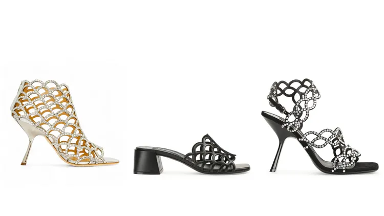 Sergio Rossi sr Mermaid Bridal水晶踝靴涼鞋（左起）5萬9000元、sr Mermaid鏤空粗跟涼鞋2萬9500元、sr Mermaid水晶繞踝高跟涼鞋4萬5500元。品牌提供