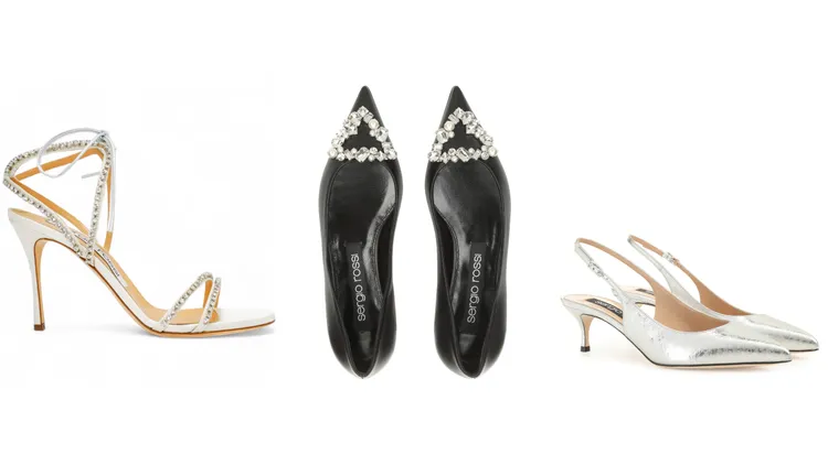 Sergio Rossi Godiva Bridal水鑽踝帶高跟涼鞋（左起）5萬1000元、sr Godiva Precious芭蕾舞鞋3萬1000元、Godiva後帶繫帶高跟鞋2萬3500元。品牌提供