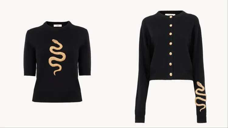Chloé黑色金蛇刺繡七分袖毛衣以及黑色金蛇針織衫分別在胸前、袖口處以金蛇點綴。品牌提供