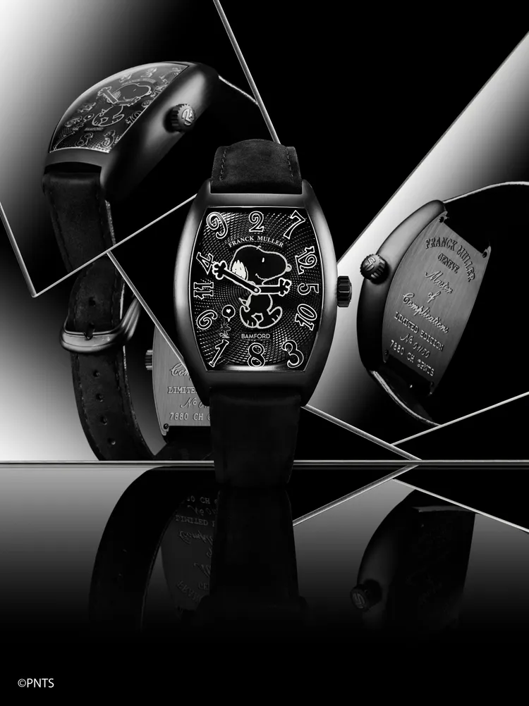 Franck Muller x Bamford Watch Department聯名Crazy Love Snoopy腕錶，輕量化鈦金屬錶殼，巴黎釘紋雕刻設計錶盤，手工縫製麂皮錶帶，MVD 2800-CHR雙向自動機芯，動力儲存42小時，防水深度30米，全球限量50只，108萬8000元。品牌提供