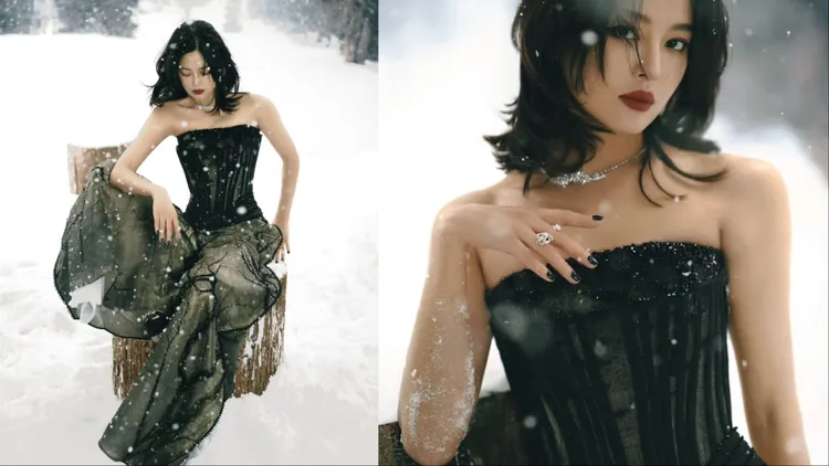 辛芷蕾穿著Guo Pei 2018年秋冬高訂在雪地中當起最辣女神。翻攝辛芷蕾工作室微博