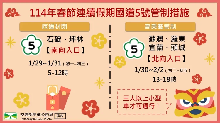 春節期間國5管制措施。高公局提供