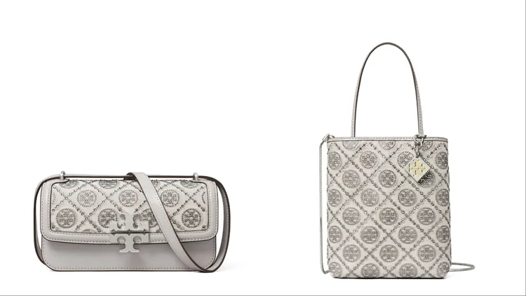 TORY BURCH蛇年系列Eleanor T Monogram小型矩形肩背包（左）2萬6900元、T Monogram綴飾迷你托特包（右）1萬8900元。品牌提供
