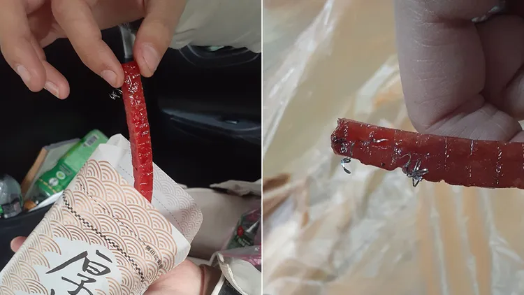 民眾控訴在桃園年貨大街攤位購買的肉乾內竟有鋼絲。翻攝自「桃園爆報（二）」臉書