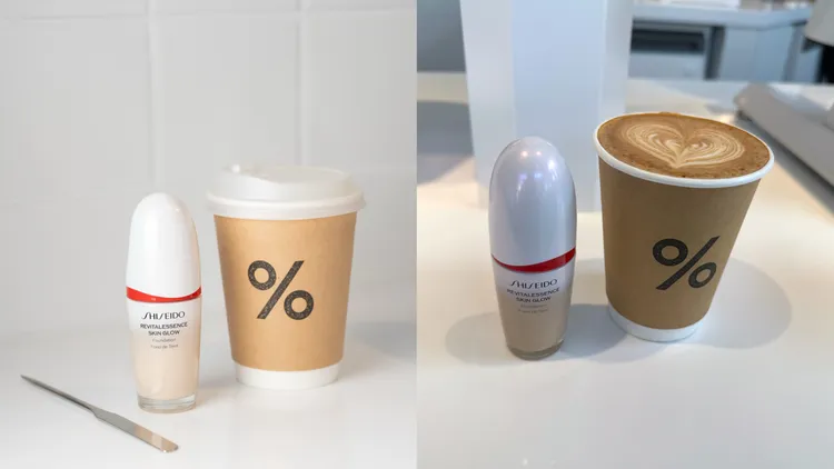 SHISEIDO PLAYDATE快閃店限定的#220聚光拿鐵。左圖品牌提供、右圖張家玲攝