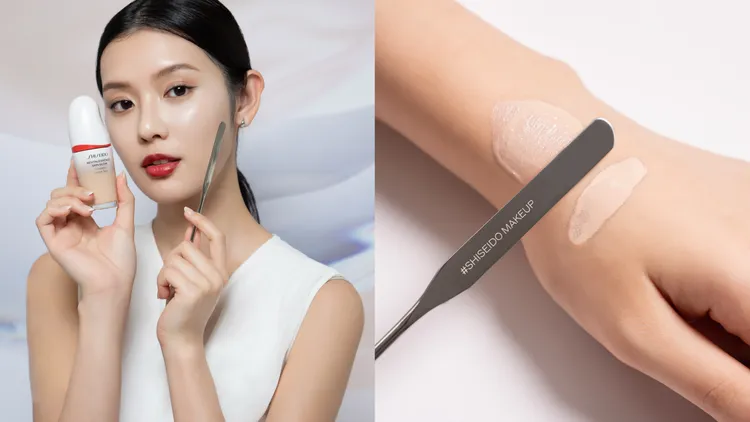 超聚光活膚粉底精華推薦搭配刮刀上妝，能使光澤更加動人。品牌提供