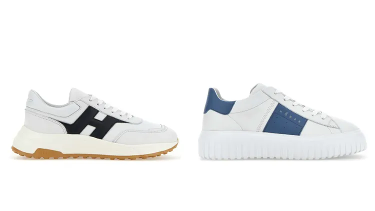 HOGAN Hyperlight白底深藍logo皮革男士休閒鞋（左起）2萬500元、H-Stripes白色拼接群青色飾條皮革男士休閒鞋2萬1000元。品牌提供