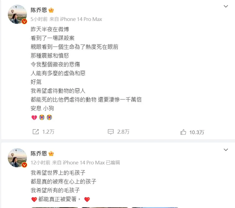 陳喬恩關注艾特事件，今凌晨和上午兩度PO文。翻攝陳喬恩微博