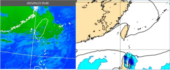 左圖：今(22日)晨5時紅外線色調強化雲圖顯示，結構鬆散的中層雲系、從西南方移入。右圖：最新(21日20時)歐洲模式(ECMWF)，年初一(29日)8時地面氣壓及降水圖模擬圖顯示，高壓籠罩、各地晴朗。
氣象應用推廣基金會