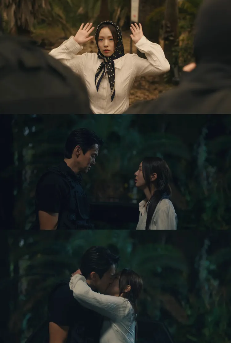 蔡秀彬完結篇中到戰地找柳演錫，卻被亂軍俘虜，重逢後一把摟住他的脖子強吻。翻攝Netflix