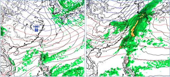 左圖：最新(24日20時)歐洲模式(ECMWF)，除夕(28日)20時地面氣壓及降水圖模擬圖顯示，高壓籠罩、各地晴朗。

右圖：最新(24日20時)歐洲模式(ECMWF)，年初四(1日)2時地面氣壓及降水圖模擬圖顯示，鋒面通過、天氣轉變。(圖擷自tropical tidbits
氣象應用推廣基金會