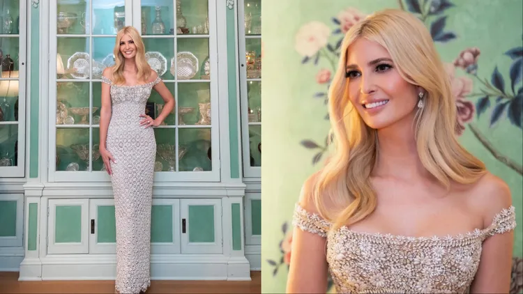 伊凡卡穿著Oscar de la Renta銀色平口珍珠禮服。翻攝ivankatrump IG