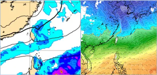 左圖：最新(6日20時)歐洲模式(ECMWF)，週五(10日)8時地面氣壓及降水圖顯示，北部、東半部有明顯降雨。右圖：最新(6日20時)歐洲模式(ECMWF)，週五(10日)20時850百帕氣溫及風場圖顯示，零度(紅)線非常接近北部陸地。氣象應用推廣基金會