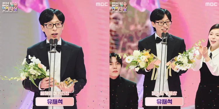 劉在錫獲得年度藝人（左圖）、最佳情侶獎。翻攝MBC