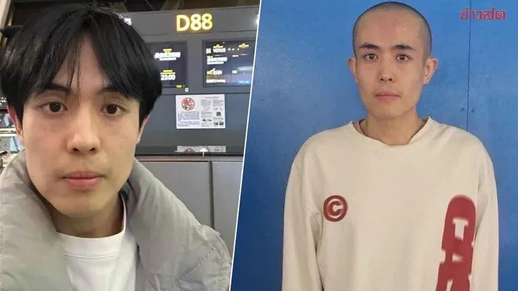 王星在上海機場自拍，傳給「假劇組」確認登機出發，失聯幾天後成了大光頭。翻攝khaosod news