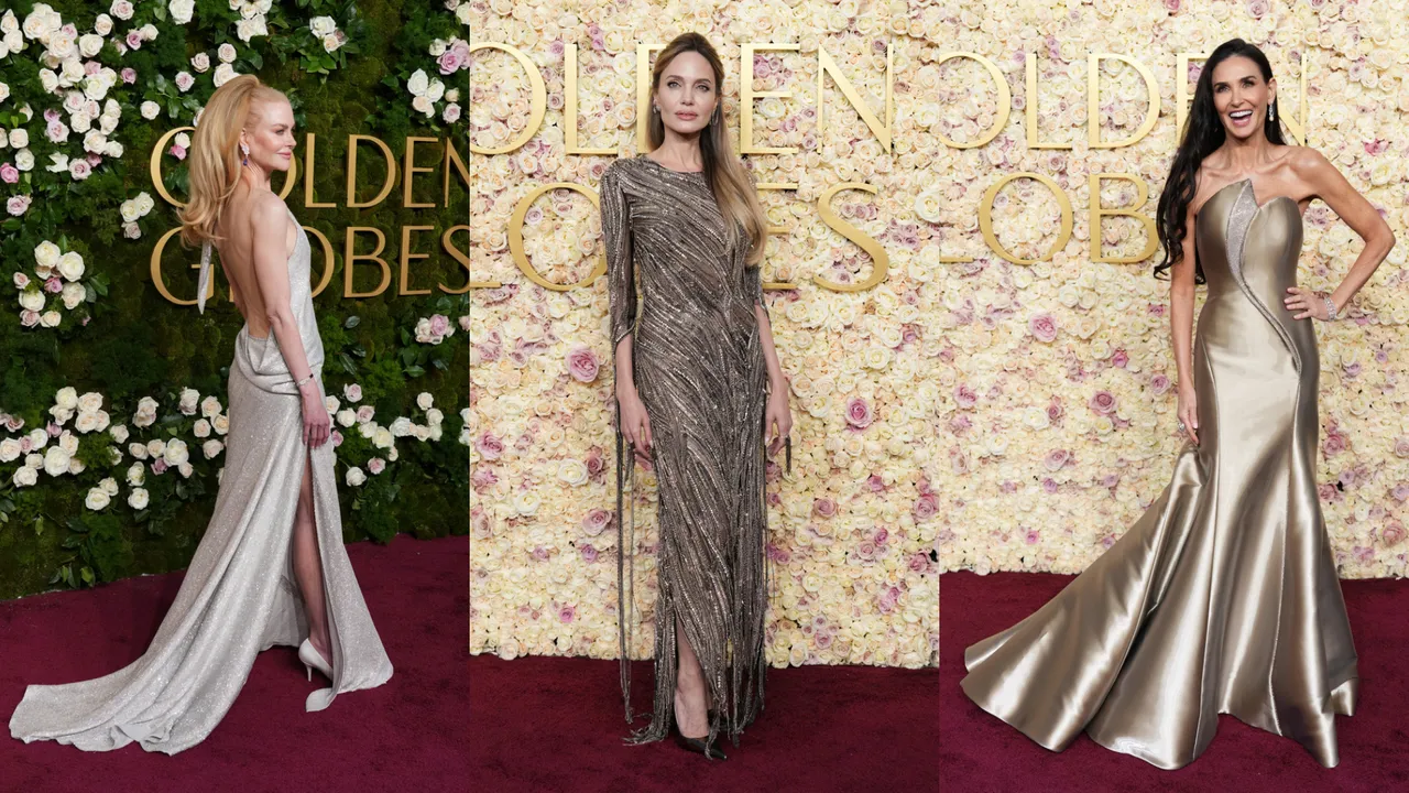 妮可基嫚（左起）、裘莉、黛咪摩爾的金球獎紅毯造型，都偏銀色系。美聯社
