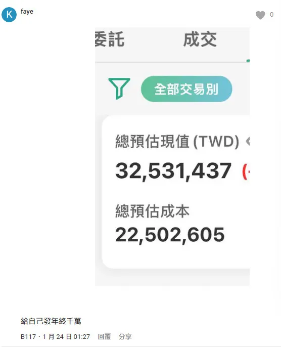一名投資客光靠台股淨收益就高達1002萬8832元。翻攝《Dcard》論壇