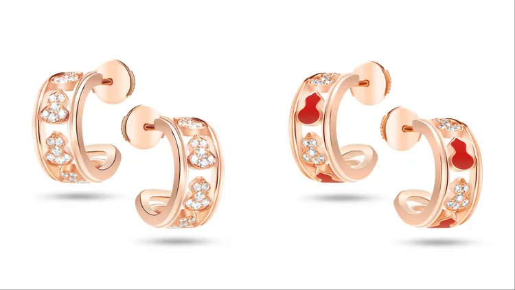 Wulu Eternity 18K玫瑰金鑽石耳環（左）15萬8500元、Wulu Eternity 18K玫瑰金鑽石及HyCeram陶瓷耳環（右）12萬2500元。品牌提供