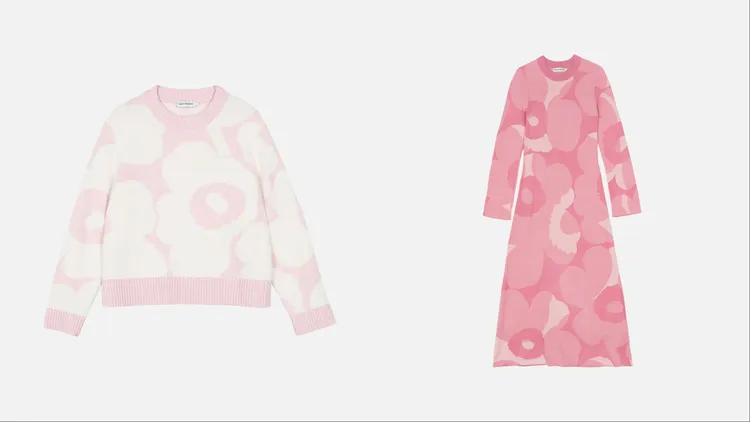 Marimekko柔玫粉Unikko游霓可印花羊毛衣（左）1萬2900元、天竺葵粉層次Unikko游霓可印花長洋裝（右）1萬6900元。品牌提供