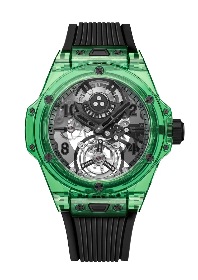 HUBLOT Big Bang極光綠SAXEM陀飛輪腕錶，限量18只，713萬元。品牌提供