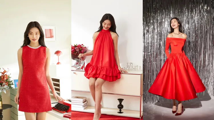 alice + olivia新年系列COLEY粗花呢修身迷你裙（左起）1萬8900元、CHARA一字肩中長裙2萬1500元、ERNA削肩迷你裙1萬4900元。品牌提供