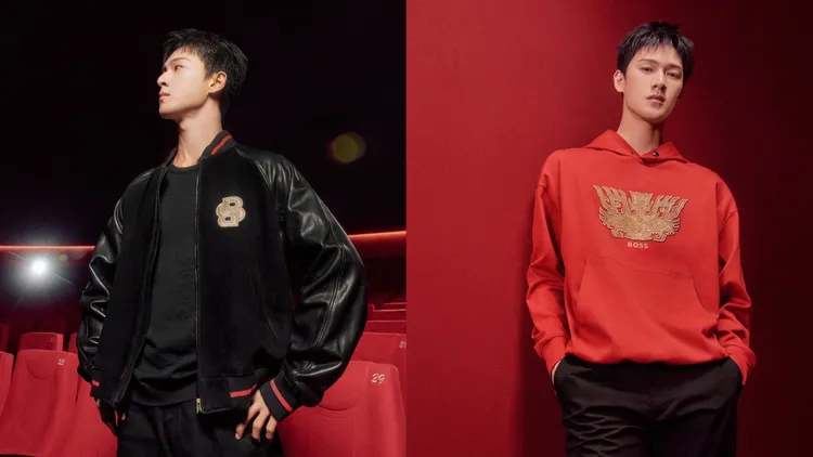 李昀銳身穿BOSS農曆新年系列羊皮拼接棒球外套（左）3萬9400元、紅色連帽運動衫（右）1萬900元。品牌提供