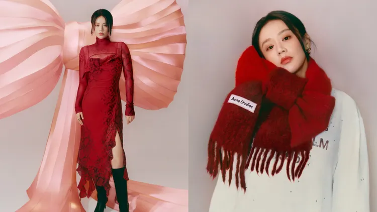 馬思純穿著的褶飾肩帶洋裝、緊身上衣，皆以正紅色調和蟒蛇紋印花帶來全新視覺。品牌提供