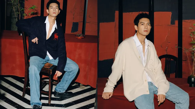 李現穿著A&F深藍色麋鹿logo針織開襟衫（左）、米色針織開衫（右），各3690元。品牌提供