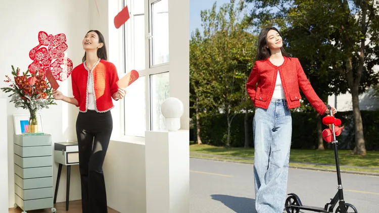 alice + olivia新年系列AKIRA水鑽針織外套（左）、LANDON粗花呢短款夾克（右），各2萬2900元。品牌提供