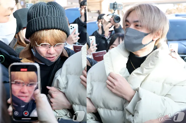 大橋和也（左圖）被簇擁跟拍，緊勾著高橋恭平的手。翻攝news1