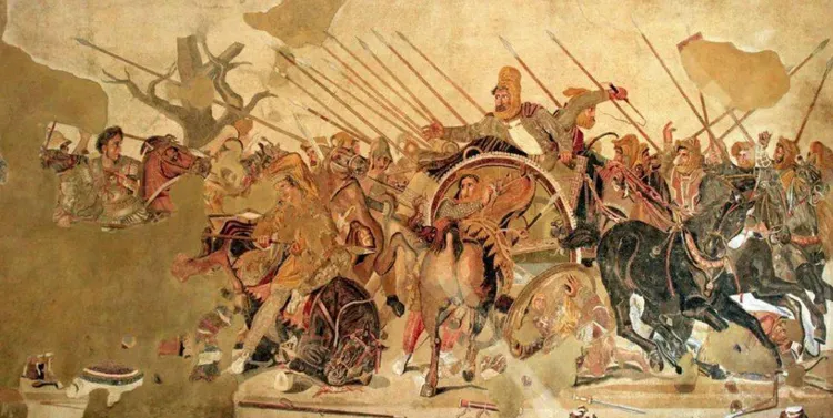 在義大利的羅馬時代馬賽克壁畫中，亞歷山大大帝與對手波斯人均未使用馬鐙。翻攝wiki/Casa del Fauno