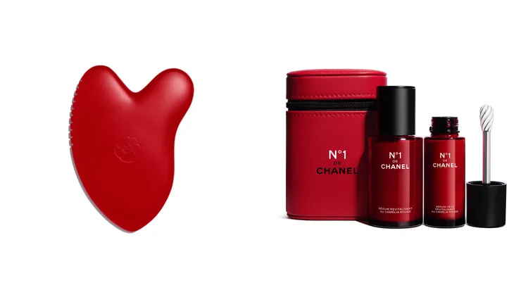 香奈兒1號紅色山茶花活能按摩板（左圖）1500元、限量香奈兒1號紅色山茶花活能雙效組（右圖）7780元。品牌提供