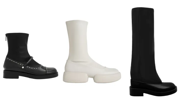 CHARLES & KEITH鉚釘厚底短靴（左起）2990元、Jamie造型厚底貼腿短靴2990元、Jett及膝直筒靴3590元。品牌提供