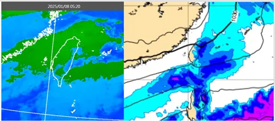 左圖：今(8)日5：20紅外線色調強化雲圖顯示，結構鬆散中層雲籠罩台灣。右圖：最新(7日20時)歐洲模式(ECMWF)，週五(10日)8時地面氣壓及降水圖顯示，北部、東半部降雨明顯。氣象應用推廣基金會
